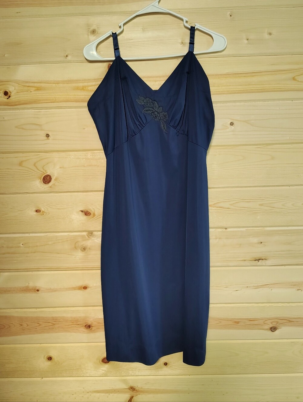 Vintage Shadowline Slip Dress Navy Blue Nylon Nightgown 40 Tall Lace Cottagecore